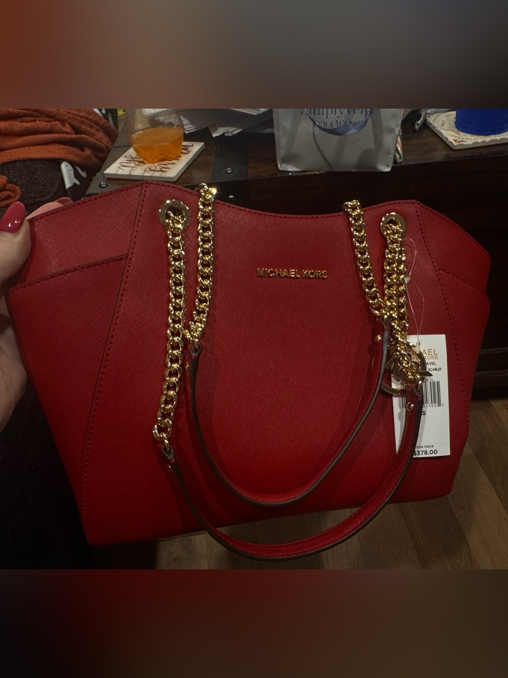 Michael Kors Red Saffiano Shoulder Tote with Gold Chain Straps